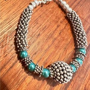 Bali Sterling  Silver and Green Pearls Bracelet with Intricate Design